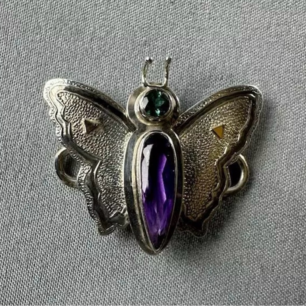 Tabra Bracelet Connector Charm Butterfly Amethyst Stone 1 1/4" high